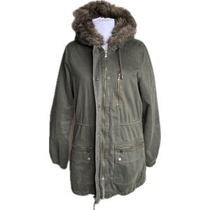 Banana Republic Army Olive Green Utility Jacket with Faux Fur Hood Large